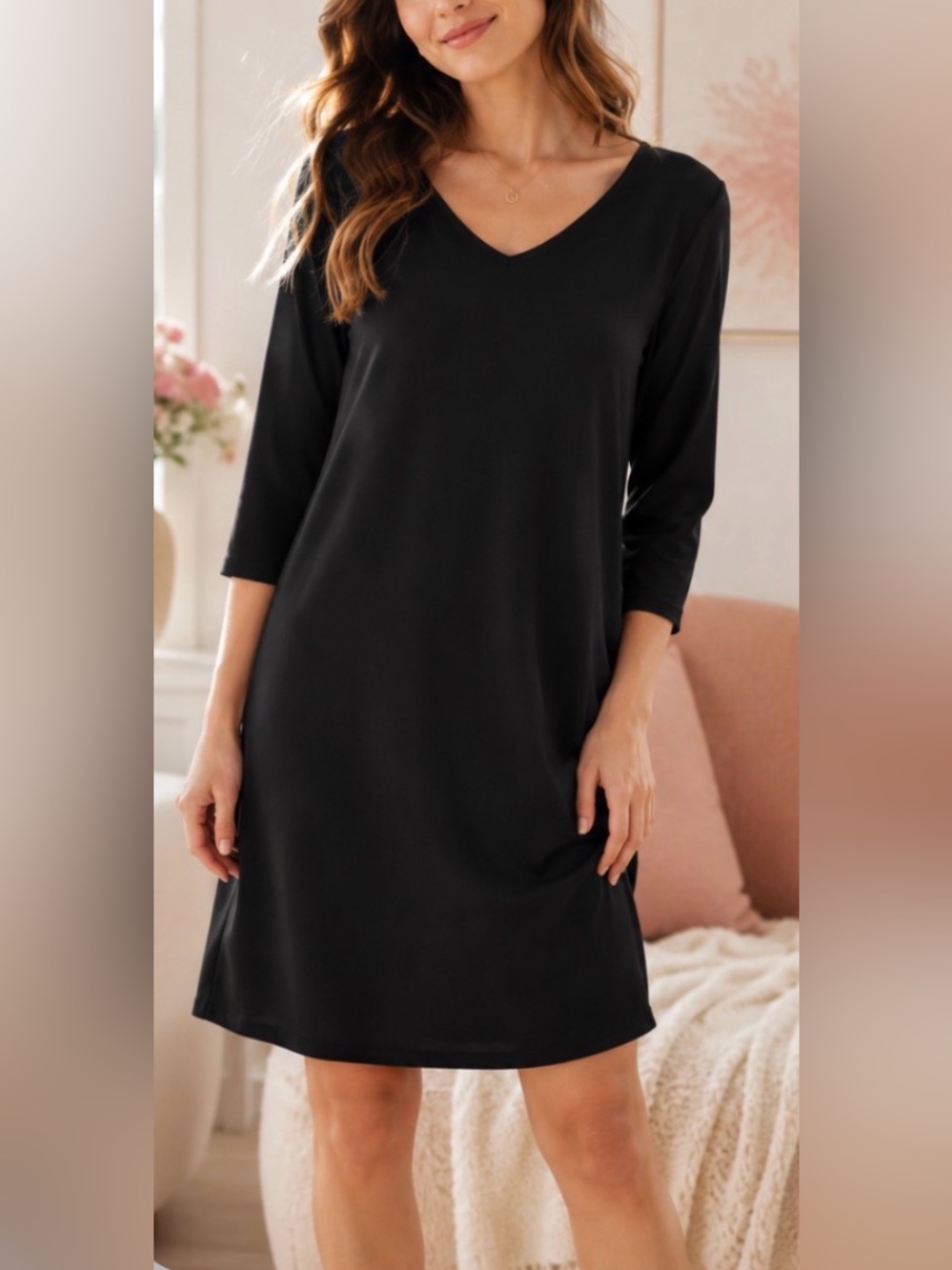Eileen Fisher Viscose Jersey Dress Black V Neck Dress XS